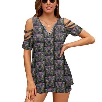 лицо женская футболка летняя мода с цветочным принтом V-образным вырезом на молнии футболка полый пуловер женский топ Oliviadodson Оливия Додсон