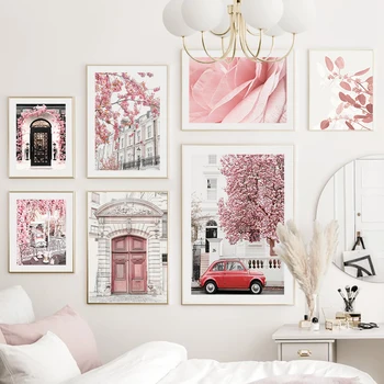 Настенное искусство Холст Живопись Розовая Весна Париж Белые ворота Красный автомобиль Перо Украшение гостиной Плакаты и принты Настенные картины