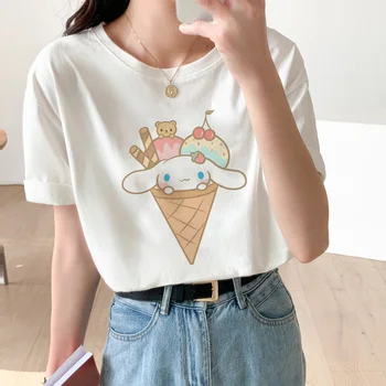 Новые женские футболки Sanrio Cotton Y2K Cinnamoroll Футболка с мороженым Аниме Топы Кавайные мультфильмы Повседневная одежда Пара Уличная одежда