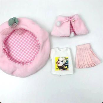 новый 4шт/компл. Симпатичные куклы Блит Комплект одежды Береты Шапка + Розовый палантин + белый T + розовая плиссированная юбка для blyth 1/6 Аксессуары для кукол