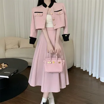 Новый дизайнерский осенний комплект из двух частей женский однобортный короткий пиджак пальто + юбки миди с высокой талией комплект офисная леди элегантная