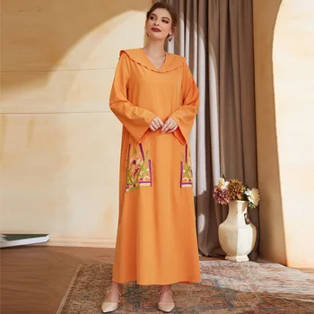 Оранжевая абайя для женщин Большой Дубай Арабская мусульманская мода 2023 Новый флип с V-образным вырезом Втянутый халат Свободный женский гардероб с длинными рукавами