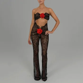 Осенний новый кружевной прозрачный сексуальный комбинезон с эффектом от соблазна, женственные узкие брюки в цветочек, элегантная сексуальная одежда для вечеринок, клубная одежда