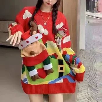 Осенний рождественский свитер женский топ с длинным рукавом тяжелая промышленность Корейская мода средней длины Красные свитера зимняя одежда женщины
