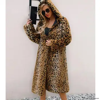 Осень и зима Леопард Женская шуба Мода Уличная мода Бросок Шапка Леопард Длинное пальто Свободный универсальный ветровка