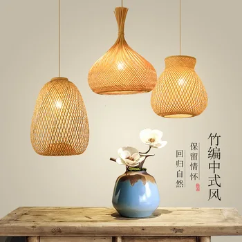  плетеный бамбук дерево кулон светлый люстра ротанг плетеный потолок подвесной светильник люстра для гостиной прихожая комната декор