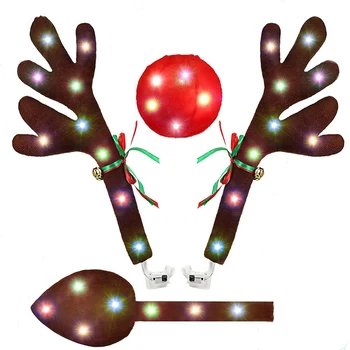 Рога оленя,Автомобильный комплект оленьих рогов со светодиодными фонарями,Оленьи рога,Нос,Хвост,Рождественские украшения для автомобиля