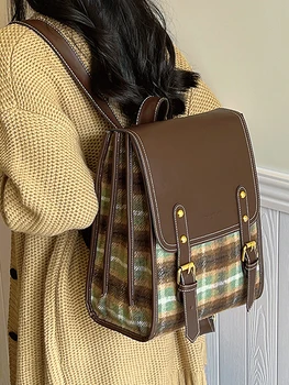 Рюкзак большой вместимости женский 2023 новый осенне-зимний плед многослойная школьная сумка старшая текстура колледж ветровой рюкзак