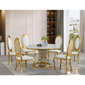 Светлый мраморный круглый обеденный стол в роскошном стиле Скандинавский обеденный стол с поворотным столом Современный простой круглый стол из нержавеющей стали