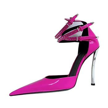 Сексуальная обувь на высоком каблуке с острым носком Заклепки Шипованный ремешок для лодыжки Женские сандалии Уличный стиль Тонкие каблуки Классическая обувь