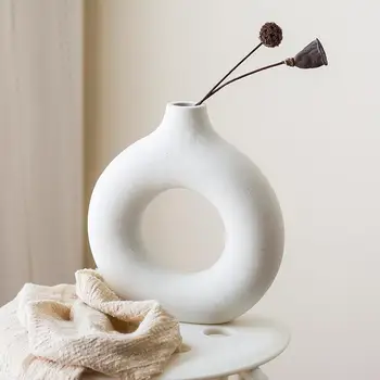 Скандинавская керамическая ваза Белые пончики Круглый полый цветочный горшок Офисный стол Интерьер гостиной Аксессуары для украшения дома