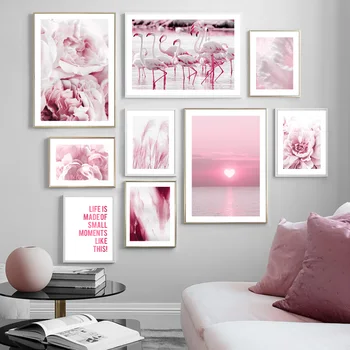  Скандинавские плакаты и принты в форме сердца Солнце Розовый Пион Фламинго Тростник Настенное искусство Холст Живопись Настенные картины для декора гостиной