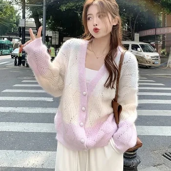 Смешанный цвет Женский кардиган с V-образным вырезом Корейский модный однобортный свободный свитер Пальто Женщина Шикарный сладкий трикотажный кардиган