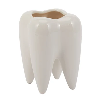  Форма зуба Белый керамический цветочный горшок Современный дизайн Модель зубьев плантатора Мини-настольный горшок Креативный подарок (без растений)