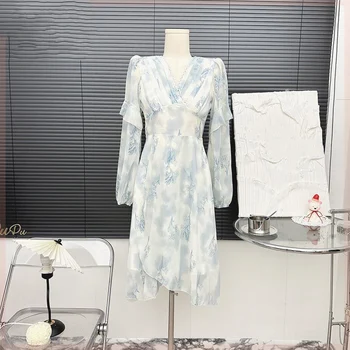 Французский стиль Женское шифоновое платье с принтом Длинный рукав V-образным вырезом A-образный вырез Летние Vestidos Женские универсальные макси-платья средней длины