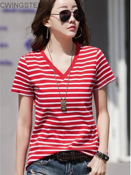 хлопок полосатая футболка женщины корейское лето с коротким рукавом свободный v-образный вырез повседневные футболки базовые футболки женские топы женская одежда