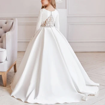 Элегантное атласное платье для девушки с длинным рукавом для свадьбы аппликация с длинным рукавом кружева пушистая принцесса день рождения первого причастия бальные платья