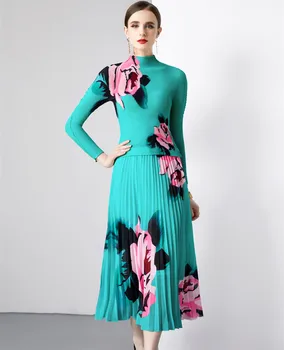 Элегантный осенний комплект Miyake из двух частей для женщин Воротник-стойка Зеленые топы с длинным рукавом с цветочным принтом + плиссированные костюмы миди с цветочным принтом