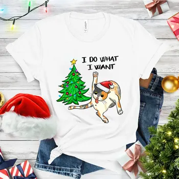 Я делаю то, что хочу Рождественский кот Женская одежда Рождественская елка Повседневная мода Женщины с коротким рукавом TShirts Мультяшные женские футболки