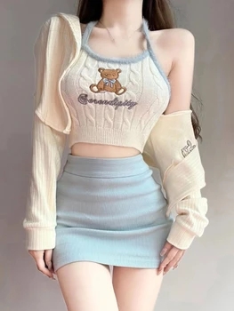 Японский набор из 3 предметов Kawaii Женский осенний синий корейский костюм с мини-юбкой для вечеринок Женское повседневное пальто + трикотажный жилет + сладкие юбки